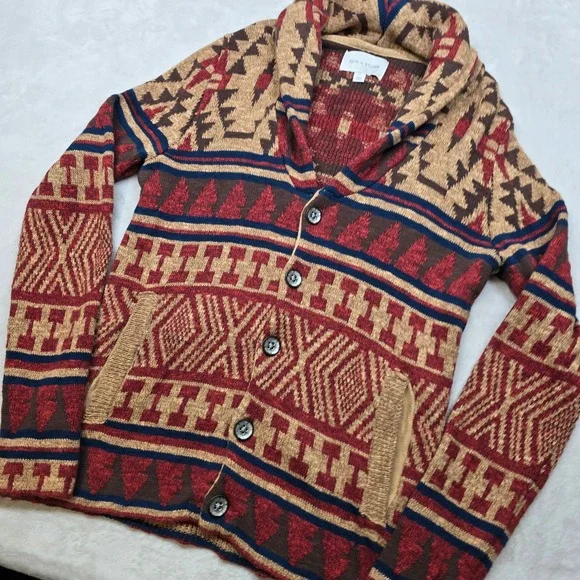 Sun Stone Cardigan Sweater Men Small Geometric Southwestern Aztec Shawl Collar